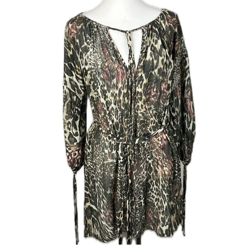 SHAN Leopard Print Silk Blend Peasant Tunic Top Mini Dress Sz 10 Coverup Glam
